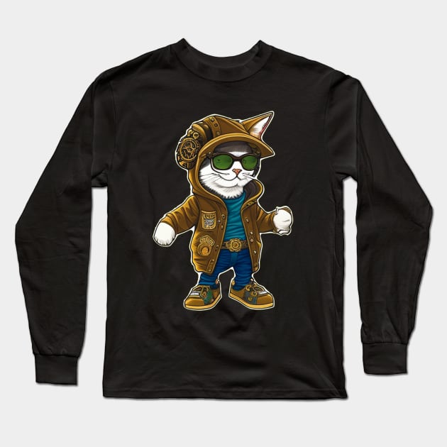 Steampunk Cat in Goggles and Jacket Long Sleeve T-Shirt by ImaginativeInkPOD